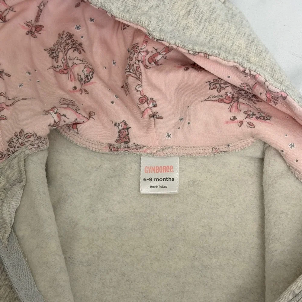 Gymboree Baby Girl Gray Pink Cat Hooded Footie Romper 6-9 Months Woodland Fleece